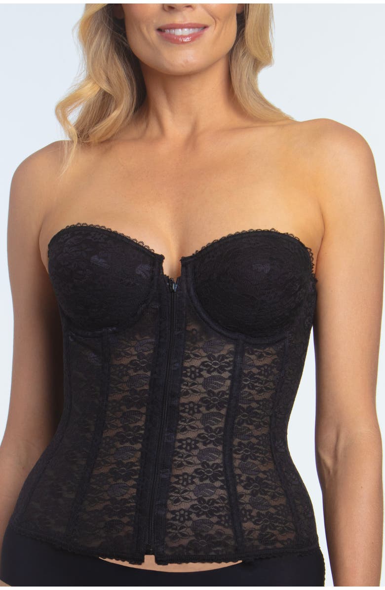 Dominique Intimates Francesca Lace Strapless Front Closure Longline Bridal Bra, Main, color, Black