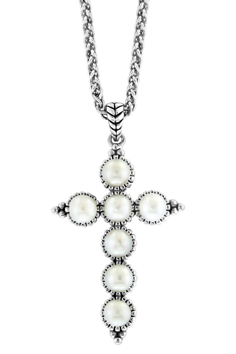 Sterling Silver Freshwater Pearl Cross Pendant Necklace, Alternate, color, WHITE