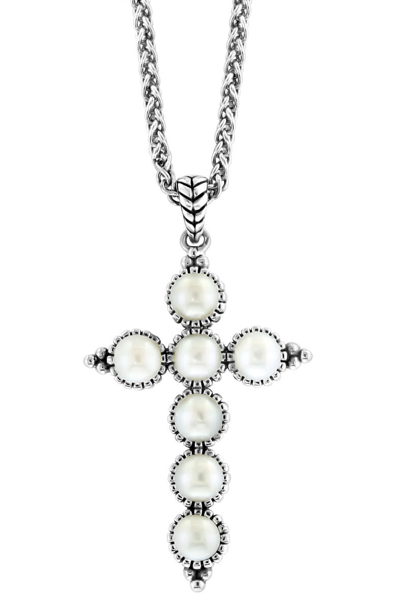 EFFY Sterling Silver Freshwater Pearl Cross Pendant Necklace, Alternate, color, White