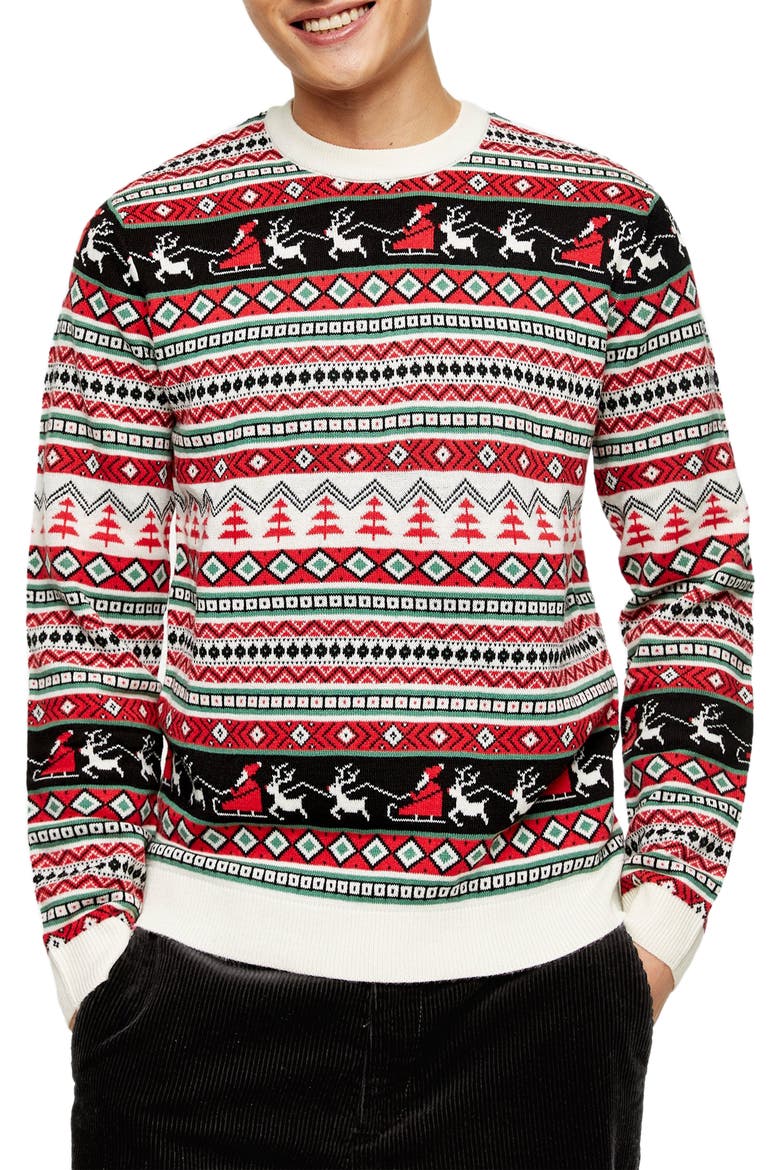 Santa's Rounds Fair Isle Christmas Sweater, Main, color, WHITE