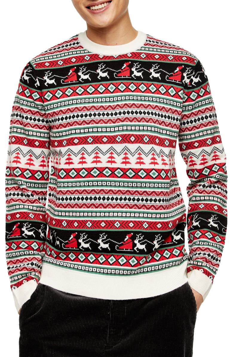 Topman Santa's Rounds Fair Isle Christmas Sweater, Main, color, 