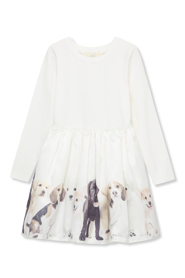 Kids' Puppy Row Long Sleeve Stretch Cotton Dress, Main, color, OFF-WHITE