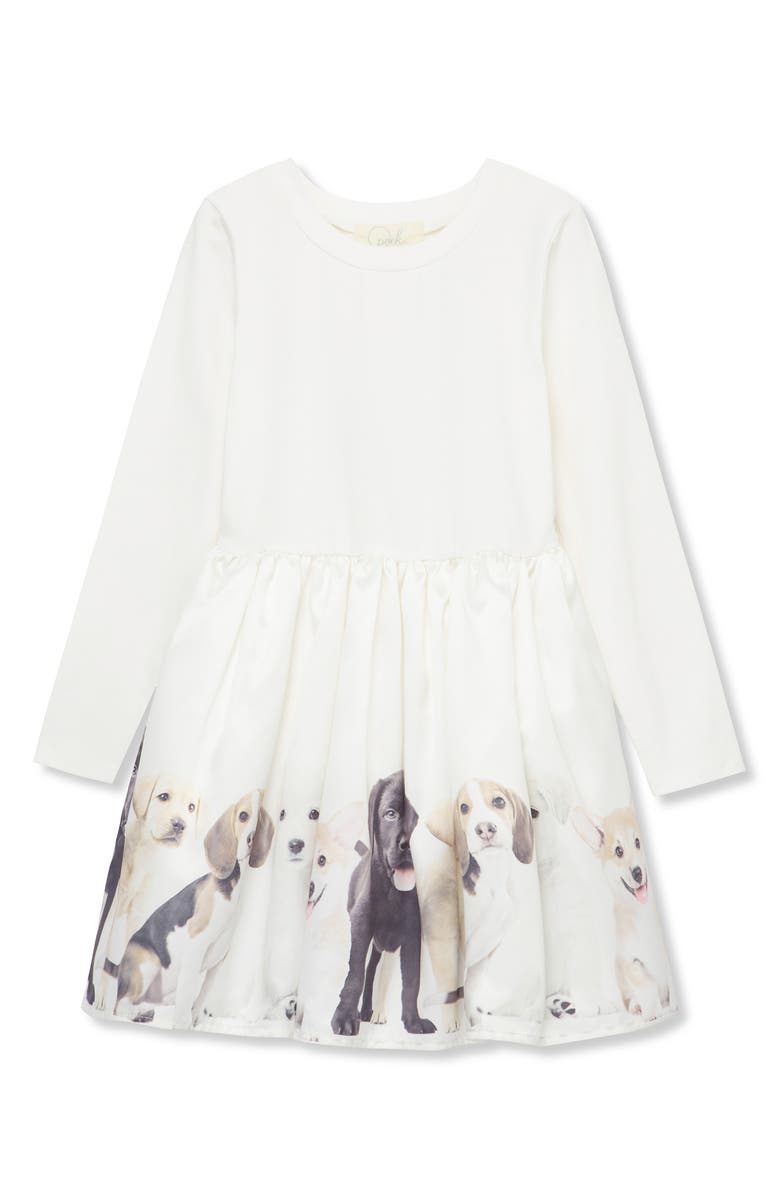 Peek Aren't You Curious Kids' Puppy Row Long Sleeve Stretch Cotton Dress, Main, color, Off-White