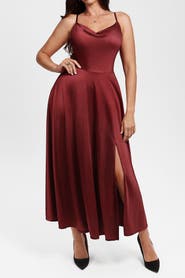 Popilush Built In Shapewear Glitter Spaghetti Strap Slit Maxi Dress