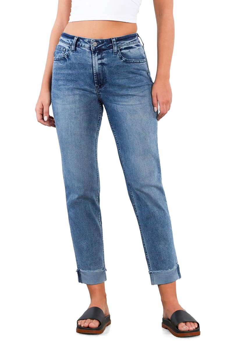 Raw Hem High Waist Slim Boyfriend Jeans, Main, color, VERA BLUE