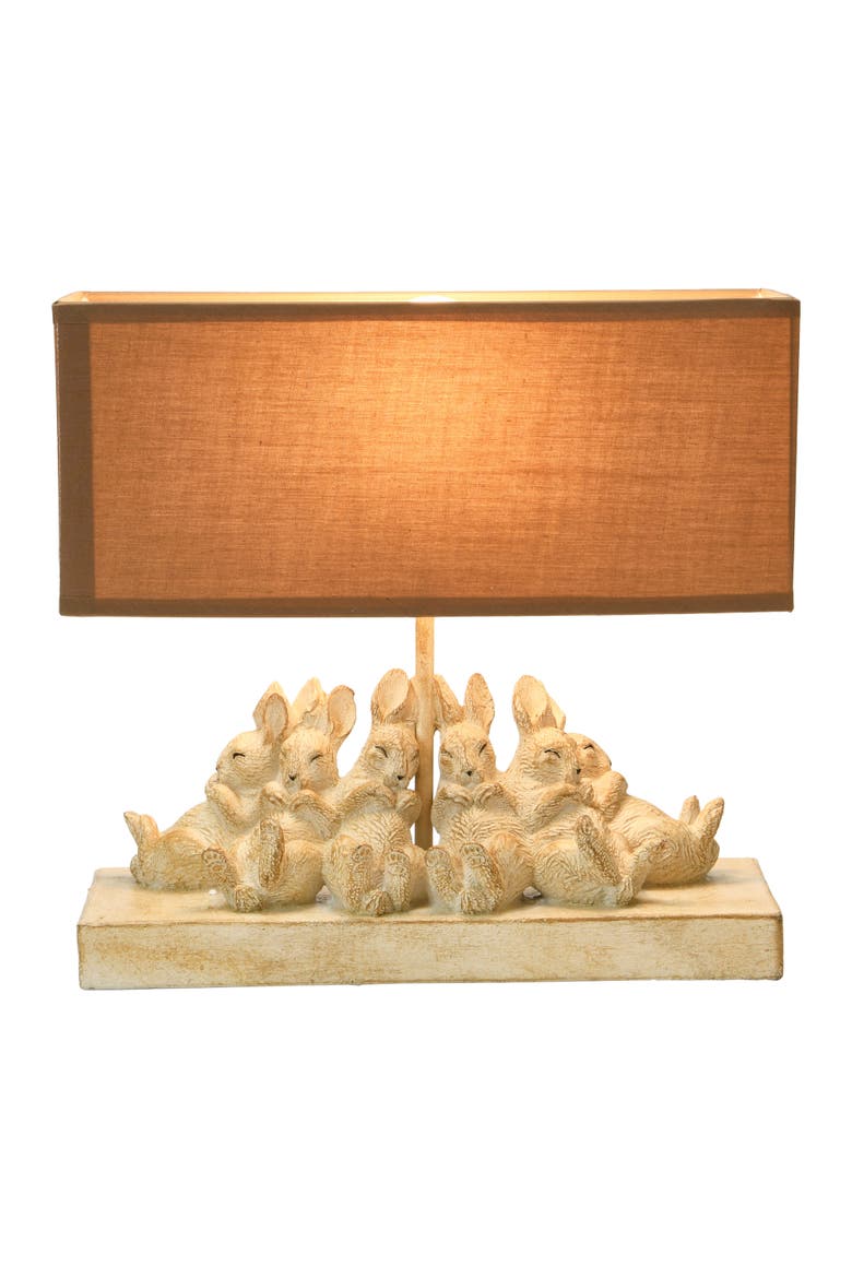 Resin Rabbit Table Lamp with Rectangle Linen Shade, White and Sand, Alternate, color, White