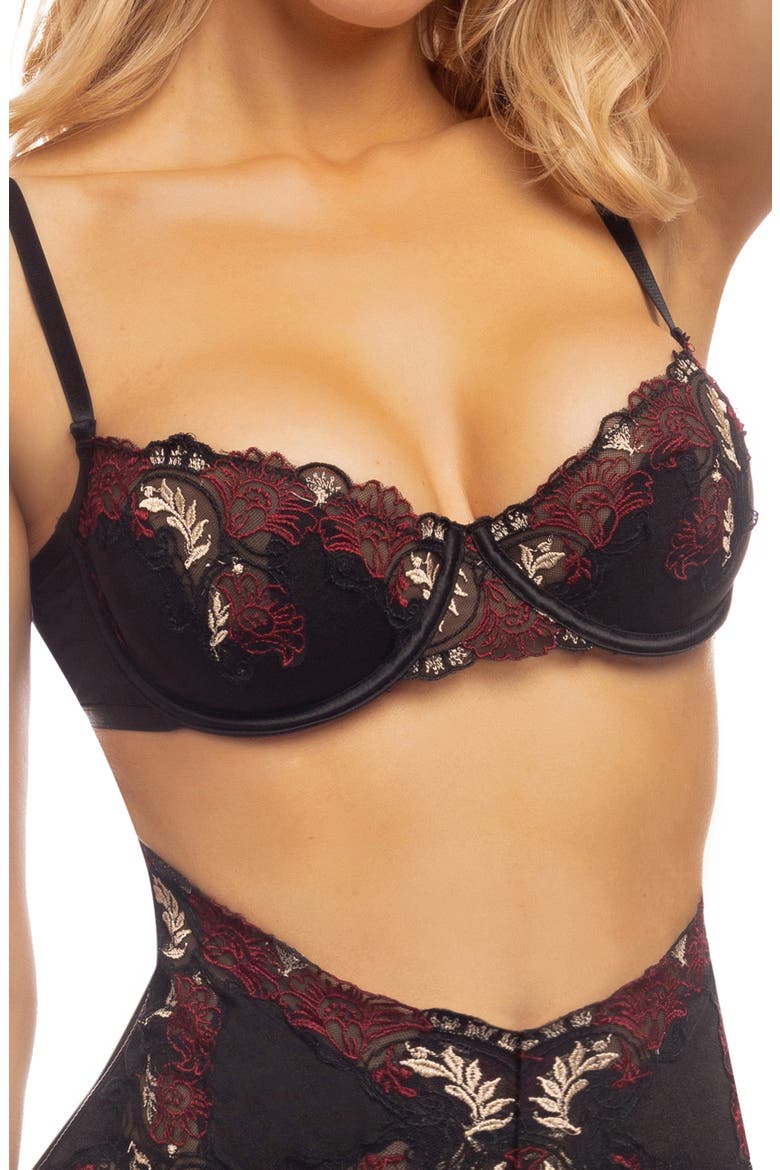Esmerelda Embroidered Underwire Bra, Thong & Garter Belt, Alternate, color, CHERI HOLIDAY/BLACK