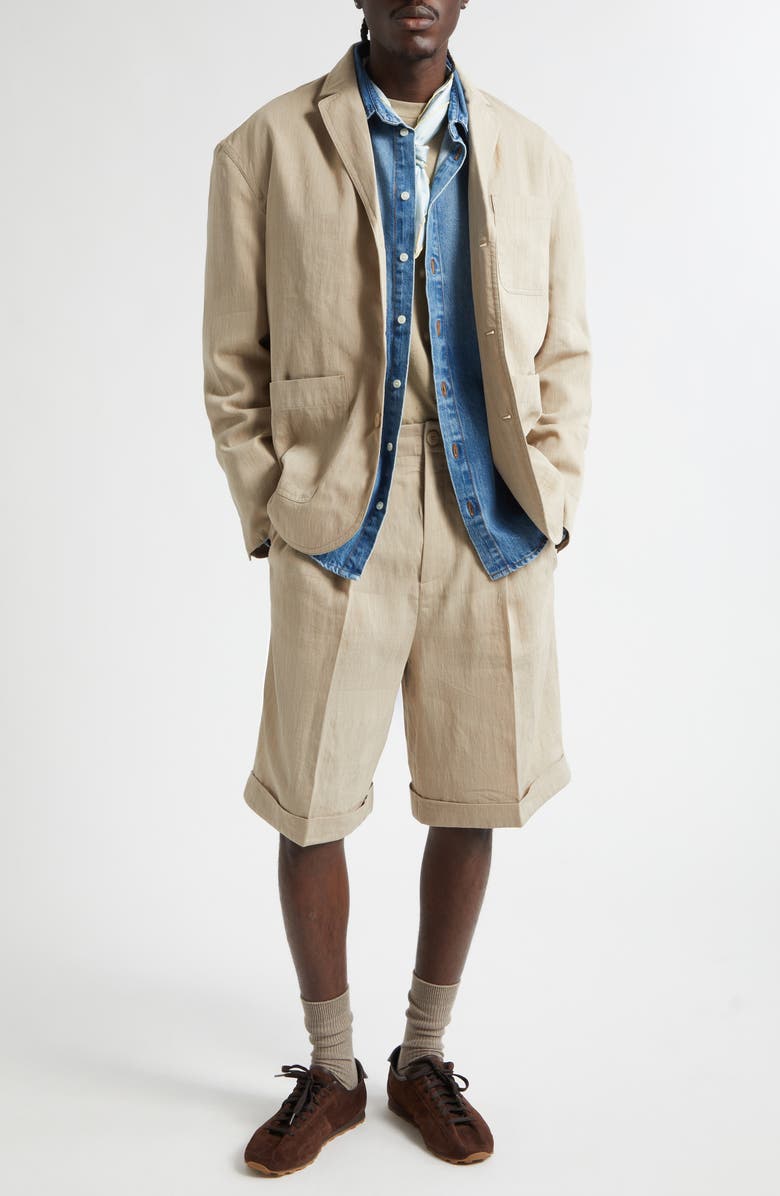 Jacquemus Cuffed Linen Blend Herringbone Bermuda Shorts, Alternate, color, Beige