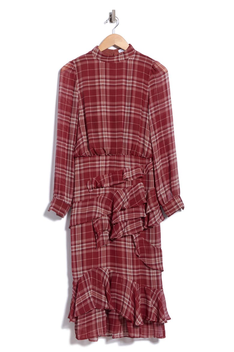 Evelyn Mock Neck Long Sleeve Ruffle Midi Dress, Alternate, color, BURGUNDY PLAID