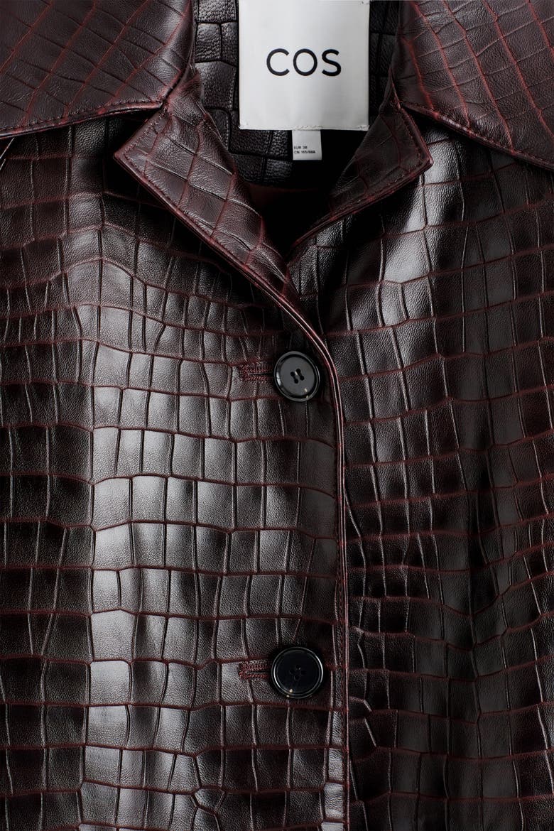 Croc-effect Leather Long Coat, Alternate, color, DARK BROWN