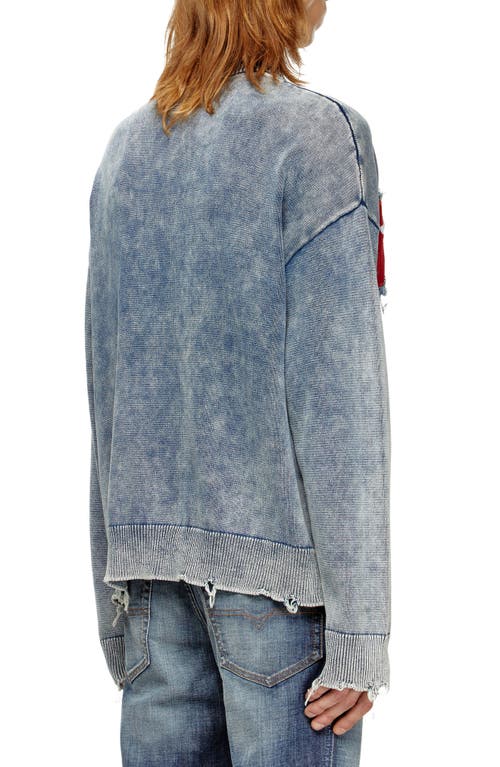 Diesel Distressed Crewneck Sweater With Ribbed Cuffs In Blue
