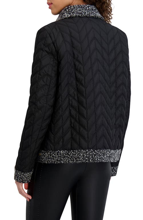 Karl Lagerfeld Tweed Trim Quilted Puffer Jacket In Black