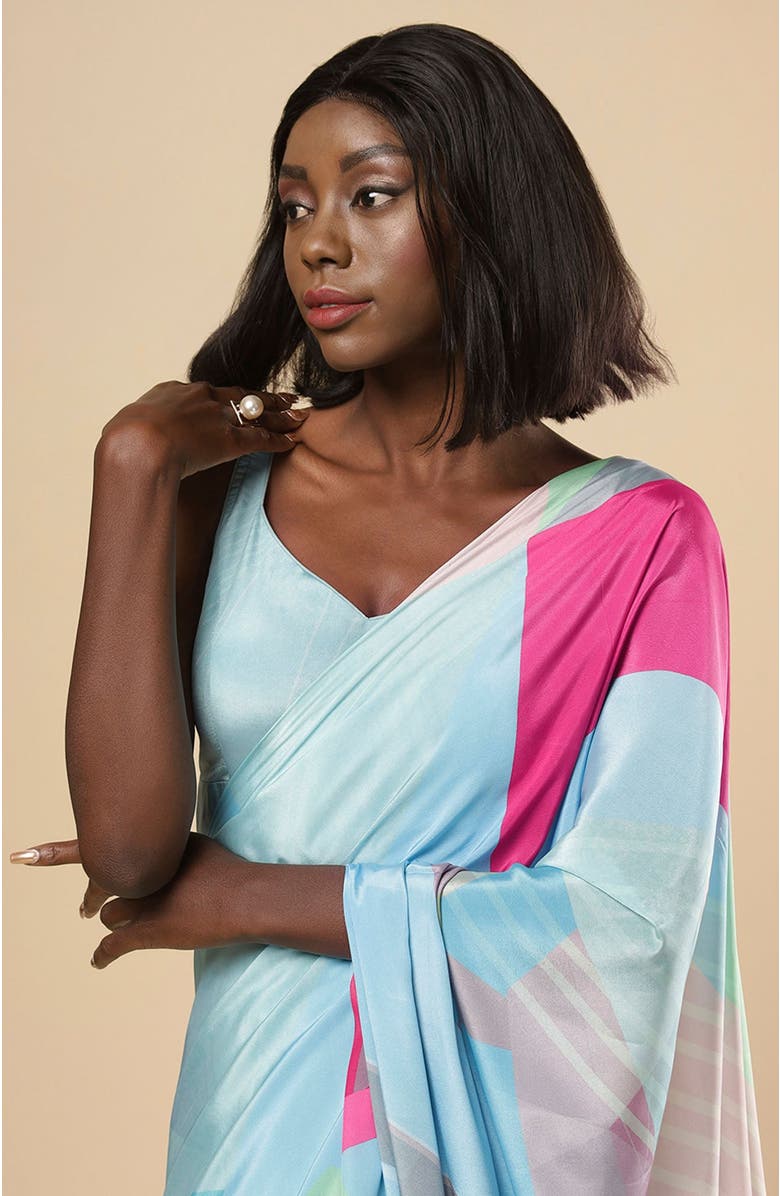 One Minute Saree<sup>®</sup> Kriss Turquoise Abstract Crepe Ready to wear One Minute Saree, Alternate, color, 