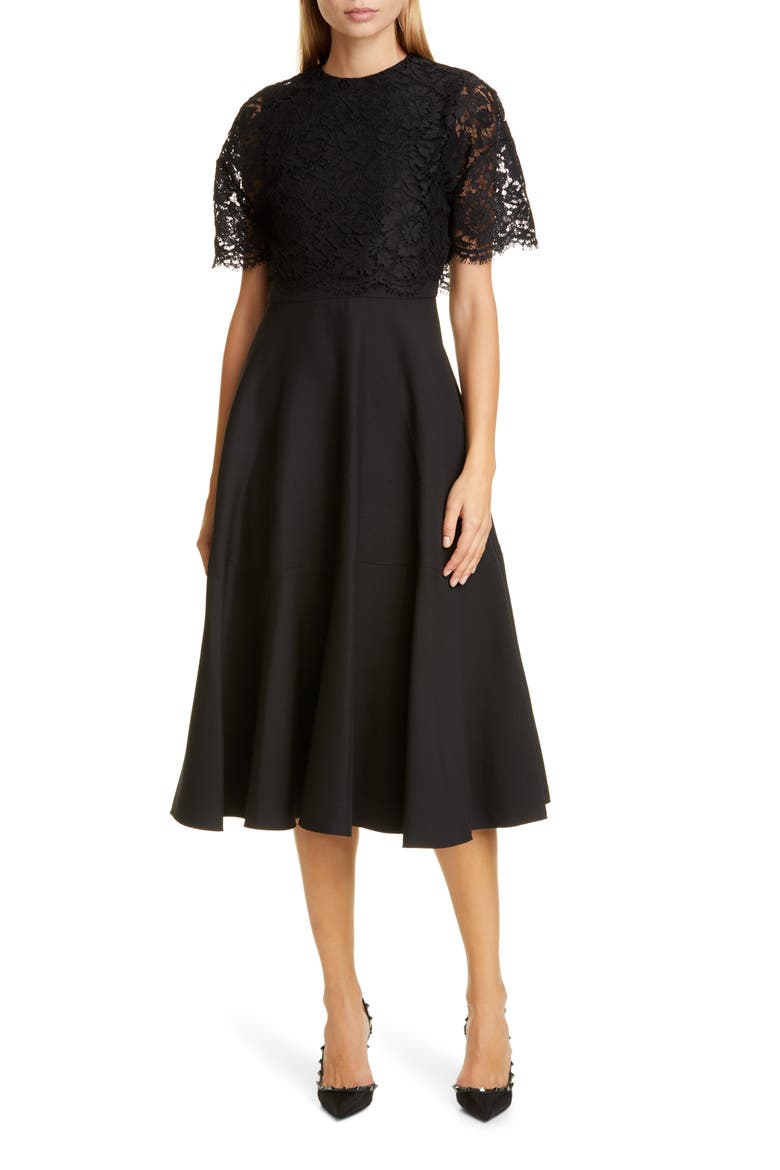 Lace Popover Crepe Couture Midi Dress, Main, color, NERO