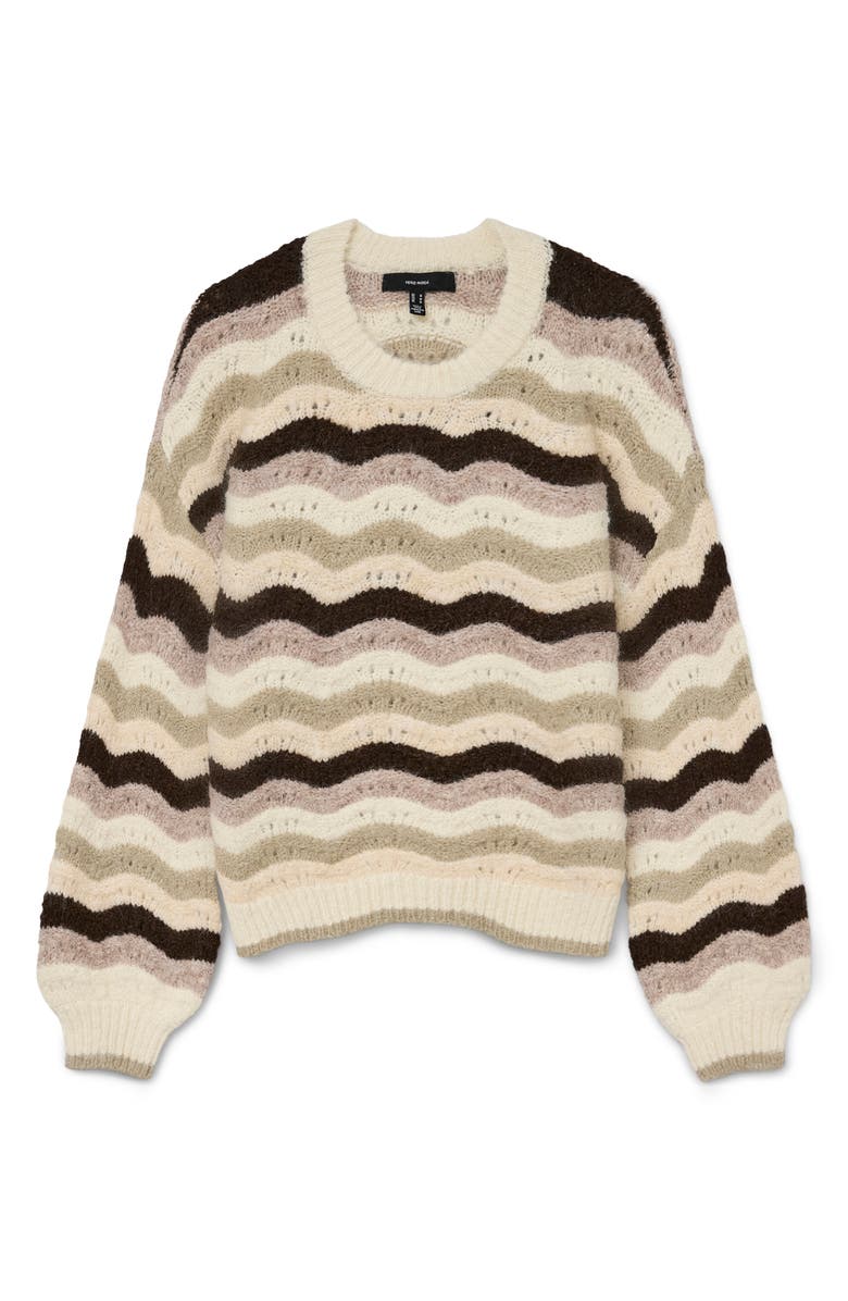 VERO MODA Scallop Open Knit Sweater, Alternate, color, Birch Stripes