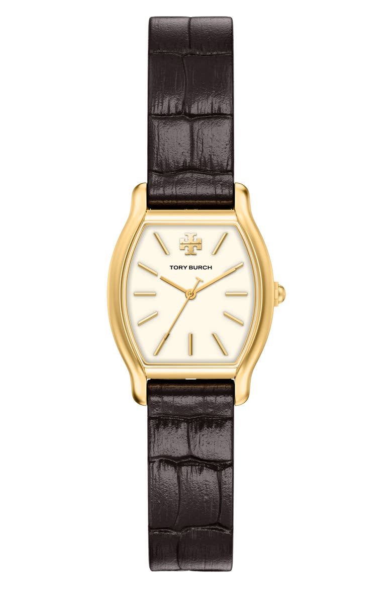 Eleanor Curve Croc Embossed Leather Strap Watch, 23mm x 31mm, Main, color, BROWN