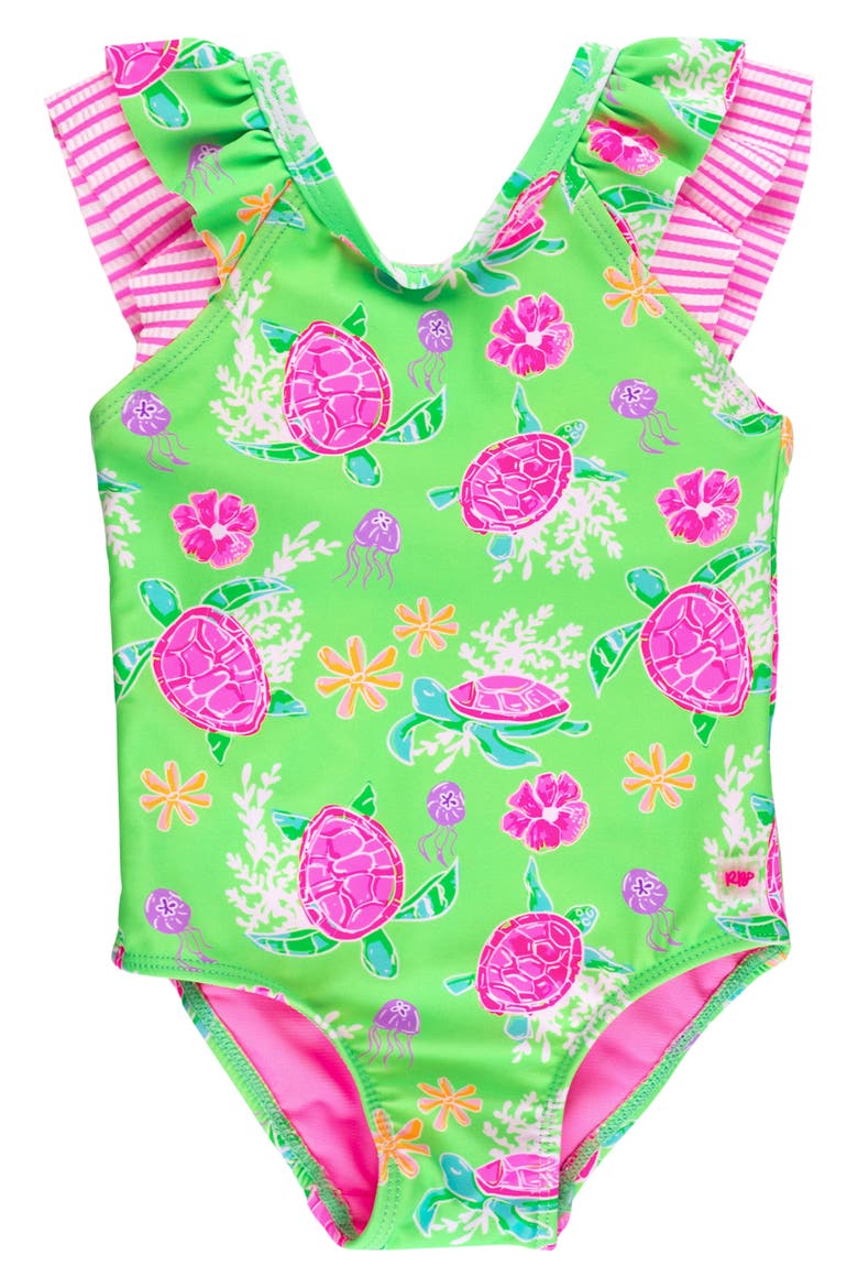 Kids' Ruffle Trim One-Piece Swimsuit, Main, color, GREEN