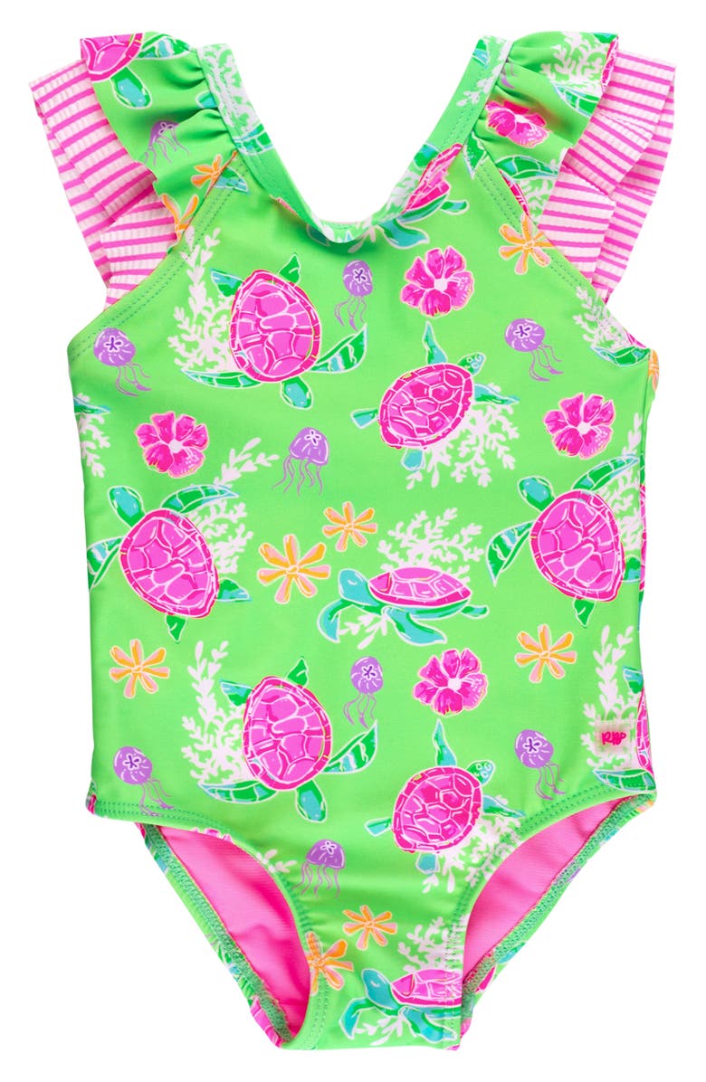 RuffleButts Kids' Ruffle Trim One-Piece Swimsuit, Main, color, Green