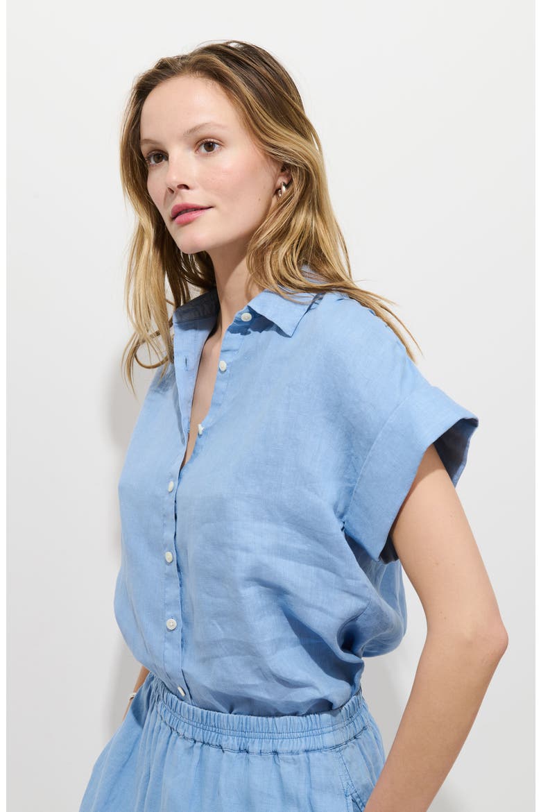 Maddie Linen Short Sleeve Button-Up Shirt, Alternate, color, BEL AIR BLUE