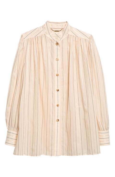 Stripe Cotton & Silk Blend Poplin Button-Up Shirt