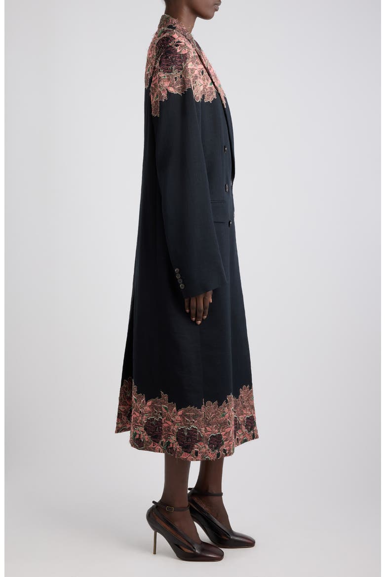 Rarrysta Floral Embroidered Double Breasted Coat, Alternate, color, BLACK