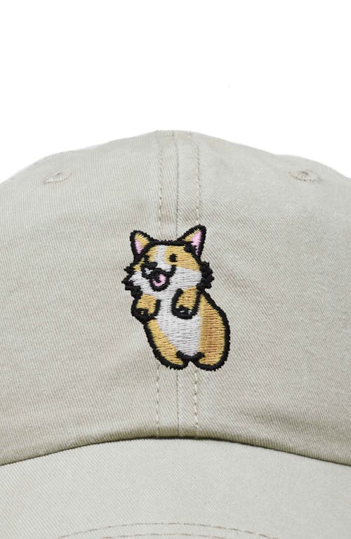 Dalix Leaping Corgi Embroidered Cap In Washed Stone White
