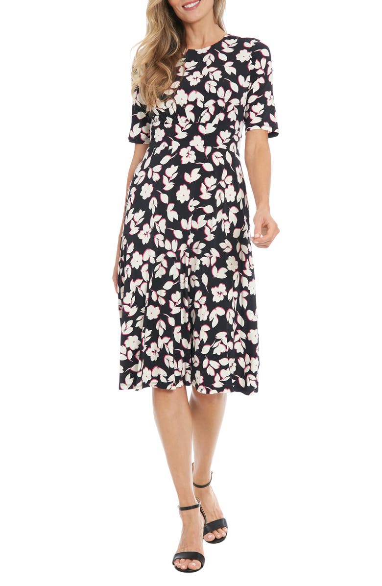 London Times Short Sleeve Midi Dress, Main, color, Black/ Ivory