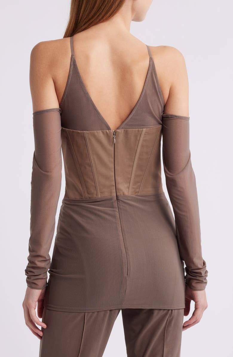 Mistress Rocks Off the Shoulder Long Sleeve Corset Minidress, Main, color, Dusty Brown