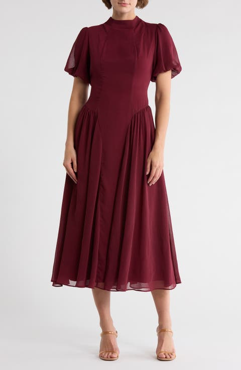 Mock Neck Puff Sleeve A-Line Midi Dress