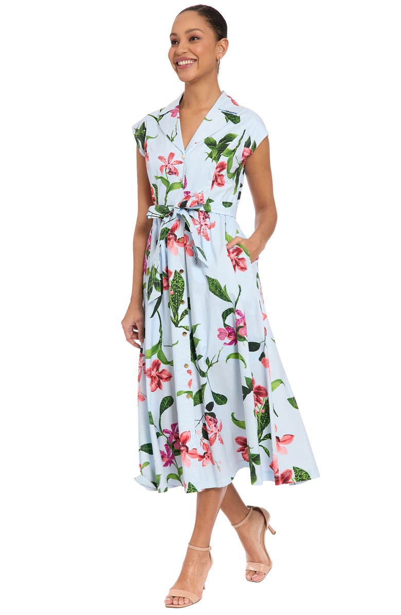 London Times Floral Print Belted Midi Shirtdress, Alternate, color, Blue/ Coral