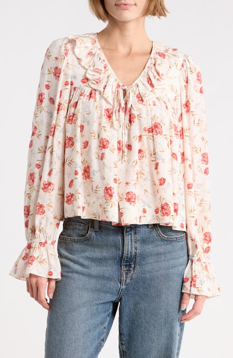 Tie Neck Long Sleeve Ruffle Top