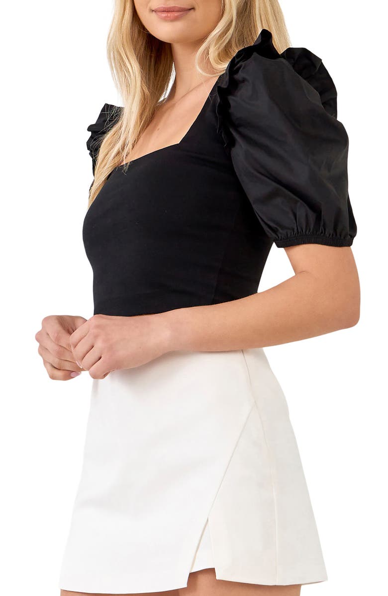 English Factory Mixed Media Puff Sleeve Crop Top, Alternate, color, 