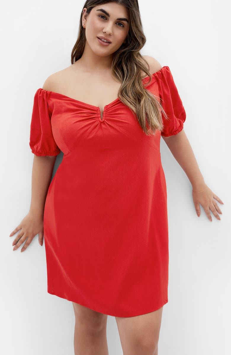 City Chic Macey Off the Shoulder Puff Sleeve Stretch Cotton Minidress, Alternate, color, Red