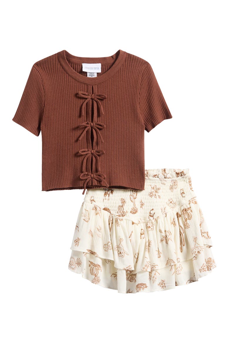 Kids' Bow Sweater, Skirt & Hair Tie Set, Main, color, BROWN