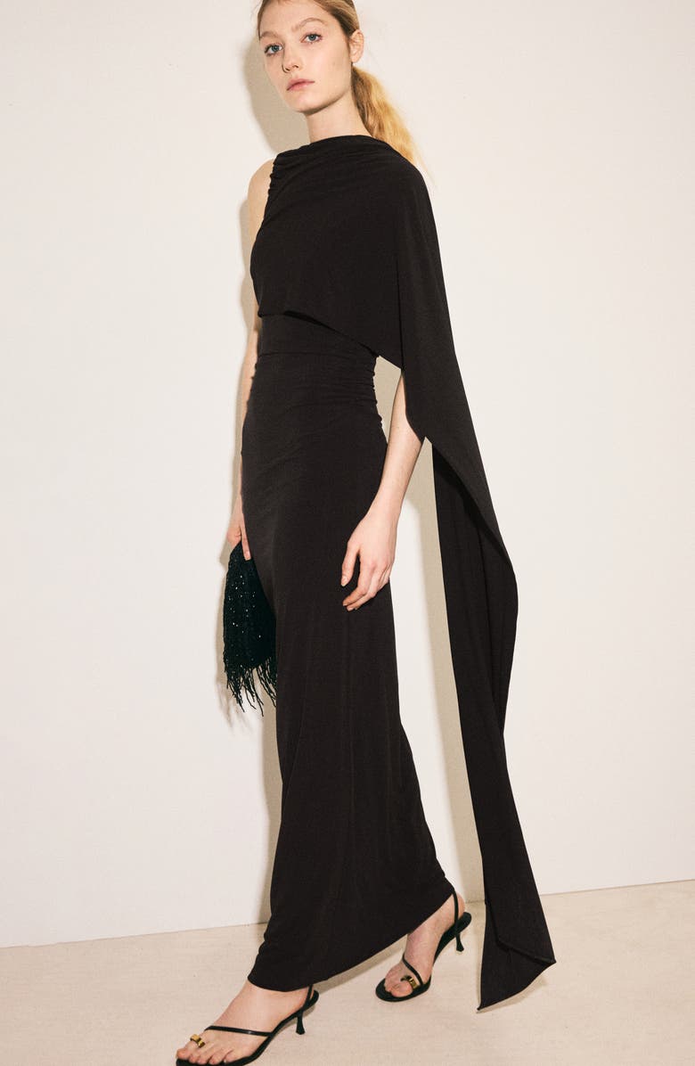 MANGO Asymmetric Cape Maxi Dress, Alternate, color, Brown