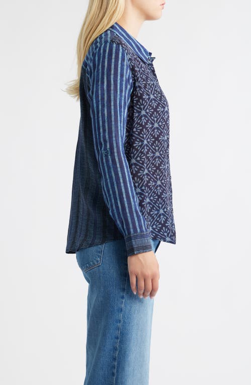 Apny Abstract Print Roll Tab Sleeve Chiffon Button-up Shirt In Blue
