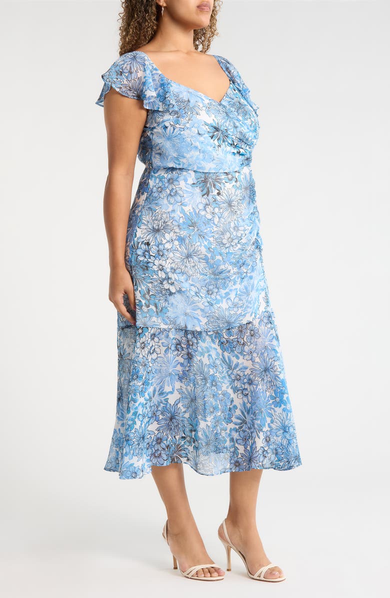 SUGARLIPS Tierra Floral Nadia Ruched Midi Dress, Alternate, color, Blues