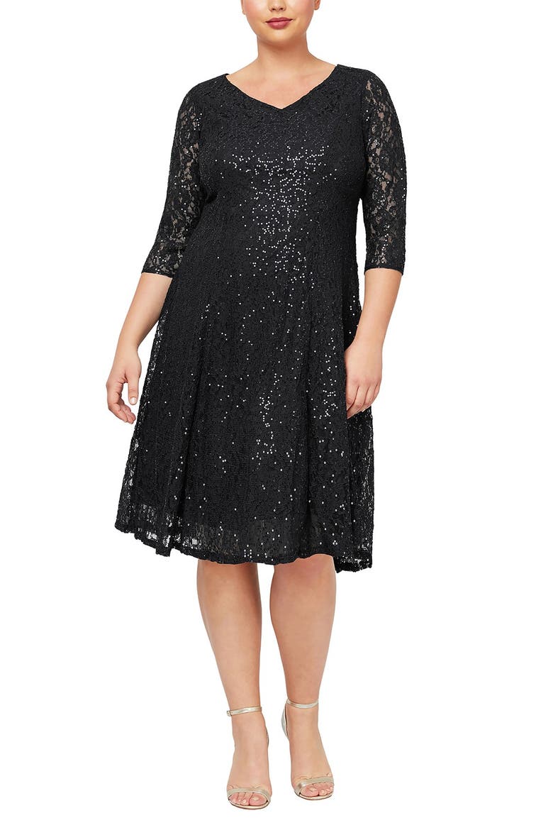 Lace Fit & Flare Dress, Main, color, BLACK