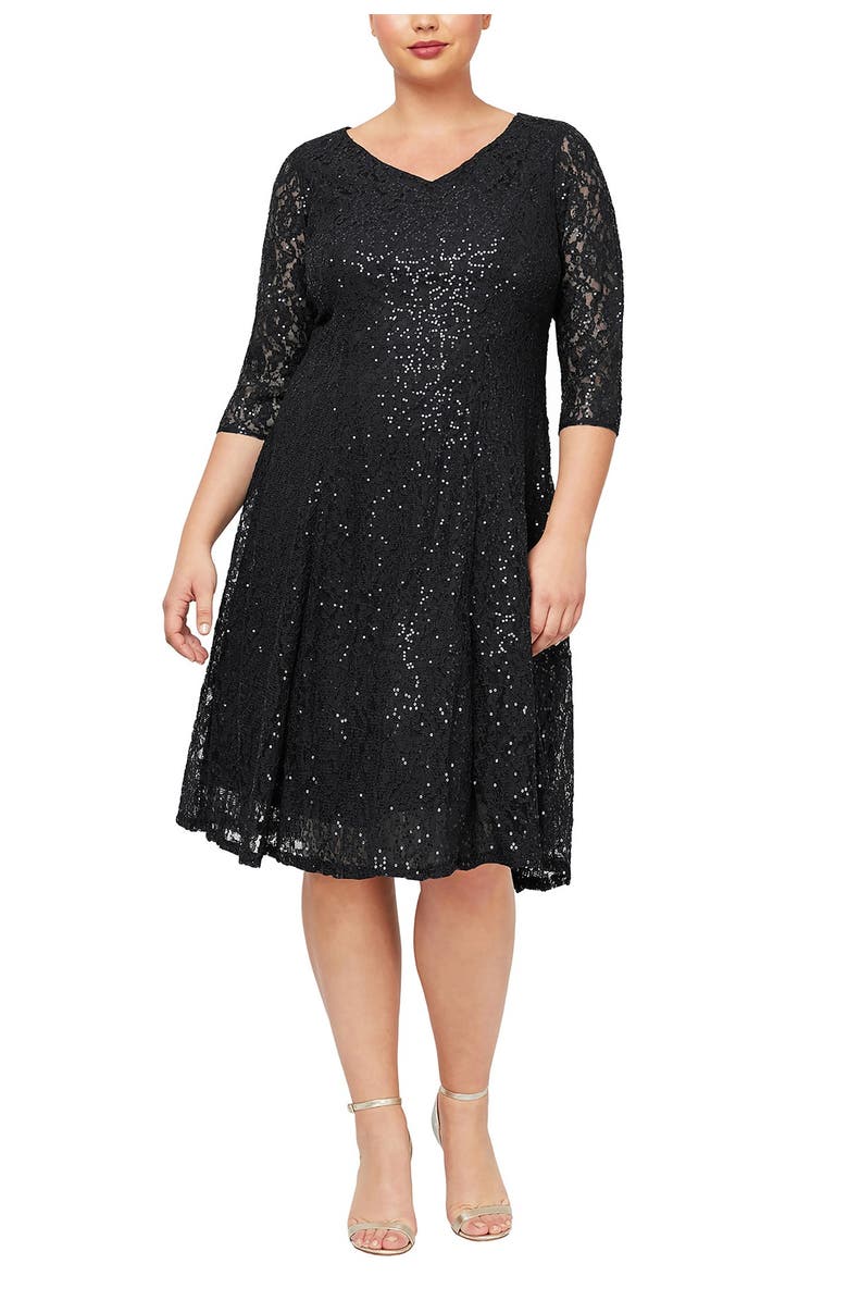 SLNY Lace Fit & Flare Dress, Main, color, Black