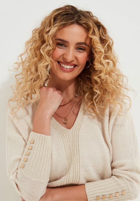 V-Neck Shimmer Pullover Sweater (Plus)