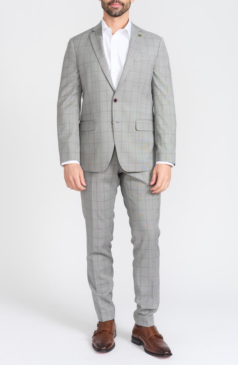 CRICKETEER Grey Windowpane Plaid Wool Blend Suit, Main, color, Grey