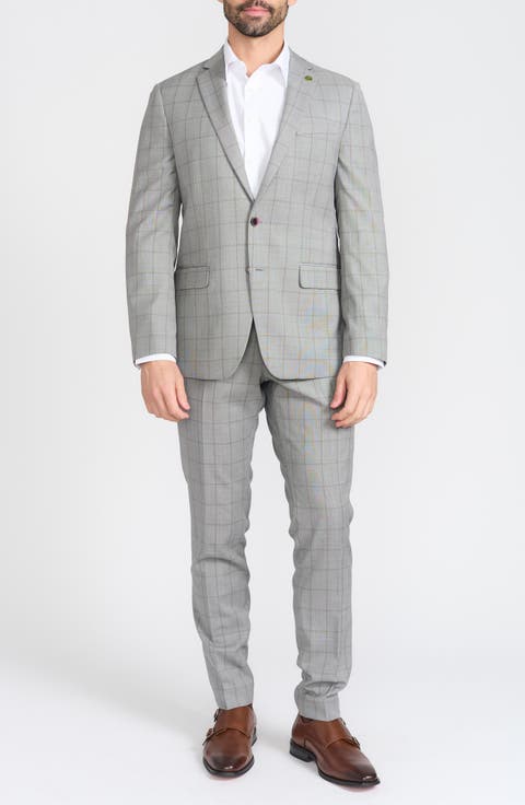 Grey Windowpane Plaid Wool Blend Suit