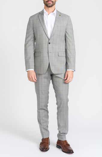 CRICKETEER Grey Windowpane Plaid Wool Blend Suit