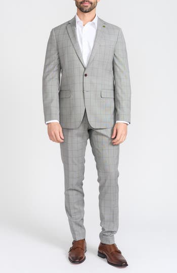 Cricketeer Grey Windowpane Plaid Wool Blend Suit In Grey
