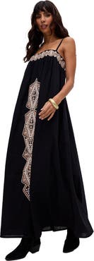 Raffya Sapphire Spaghetti Strap Embroidered Maxi Dress