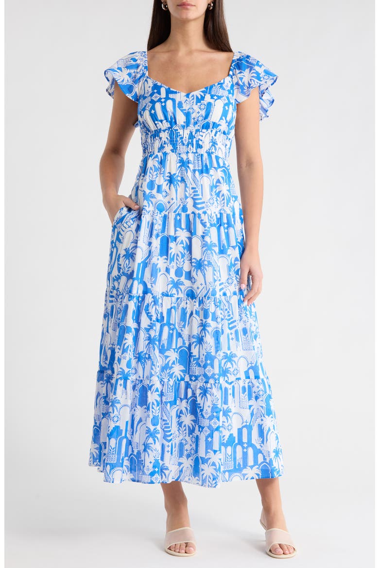 Nala Tiered Smocked Maxi Sundress, Main, color, WHITE-BLUE