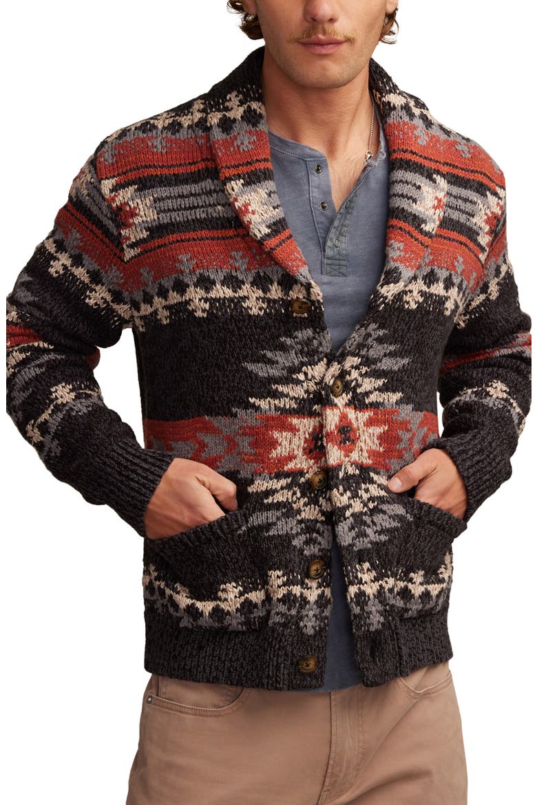 Intarsia Blanket Cotton Shawl Collar Cardigan, Main, color, CAVIAR MULTI
