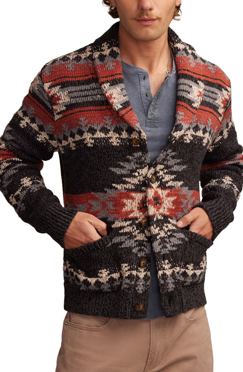 Lucky Brand Intarsia Blanket Cotton Shawl Collar Cardigan, Main, color, Caviar Multi