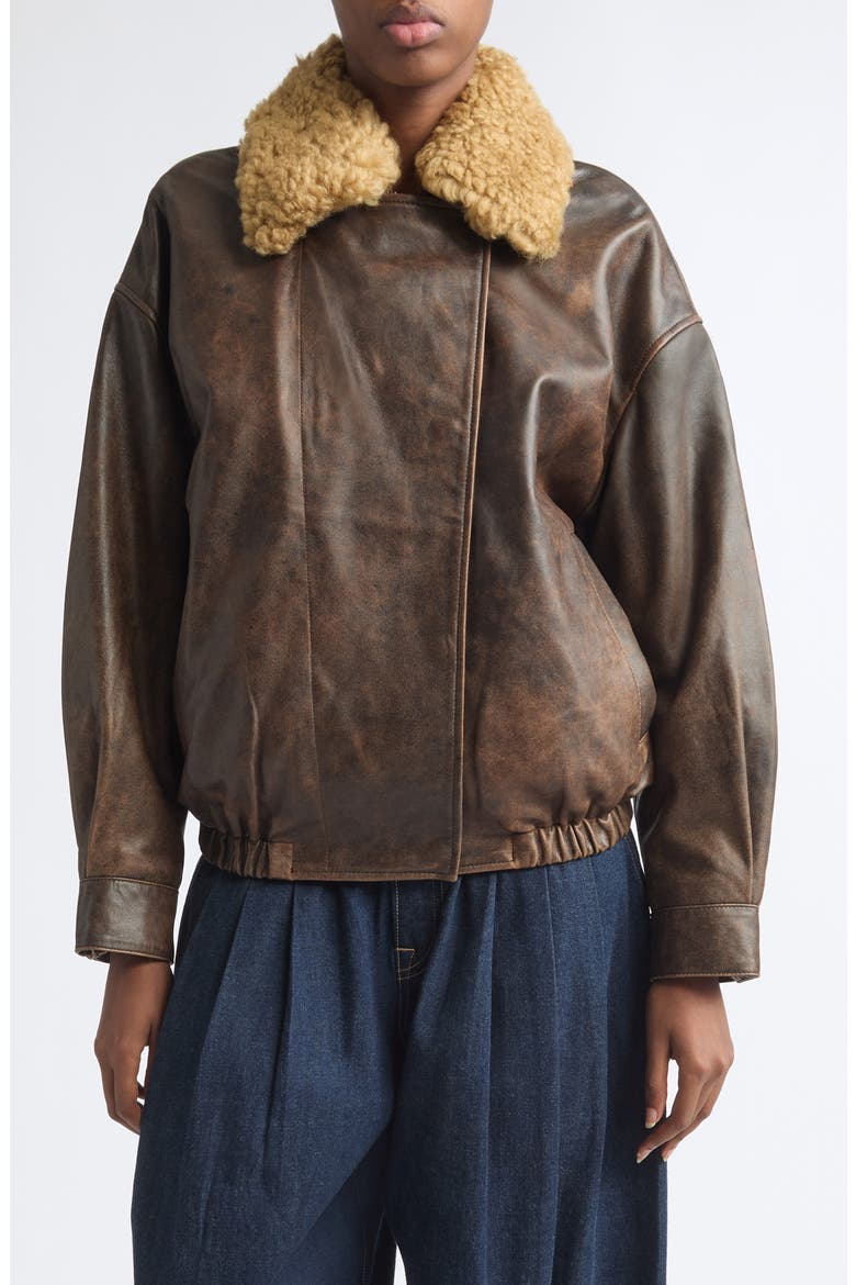 Leather Bomber Jacket with Removable Genuine Shearling Collar, Main, color, BROWN