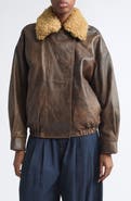 R13 Leather Bomber Jacket with Removable Genuine Shearling Collar